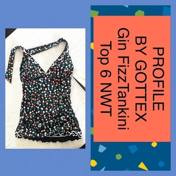 PROFILE BY GOTTEX Gin Fizz Swimsuit Halter Tankini Top 6 Black Multi Tie Neck - Picture 4 of 9